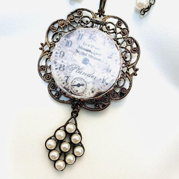 Chunky Bib Plunder PAXTON Pearl Time Piece Clock Statement Necklace OOAK 4519 - Picture 6 of 10